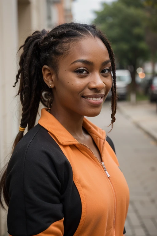 African black woman, very dark ebony skin, smile, dreadlocks chignon, Fitness musclular body, orange tracksuit , close-up portrait, from face, street Block 