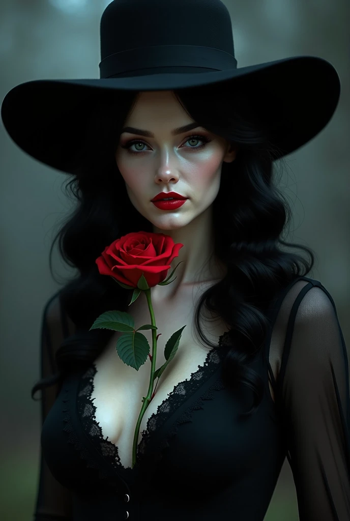  Image of an elegant Lady of the Night . A very pale woman , elegant with red lips and striking black eyes with a hat with long black brim bringing mysteries with a red rose and long wavy black hair