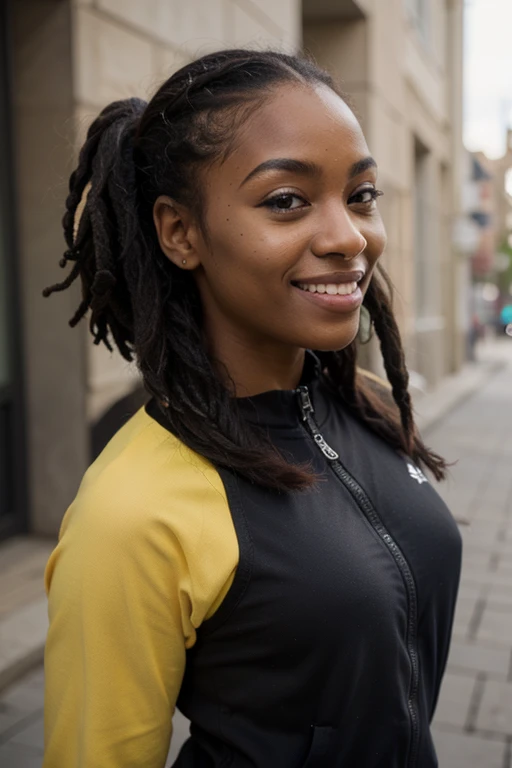 African black woman, very dark ebony skin, smile, dreadlocks chignon, Fitness musclular body, blue tracksuit , close-up portrait, from face, street Block 