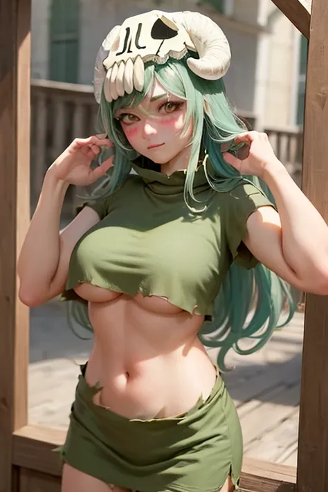 (masterpiece, best quality:1.2), cowboy shot, solo, 1girl, odelschwanck, expressionless, closed mouth, looking at viewer, hand in own hair, green hair, skull, torn clothes, underboob, skirt