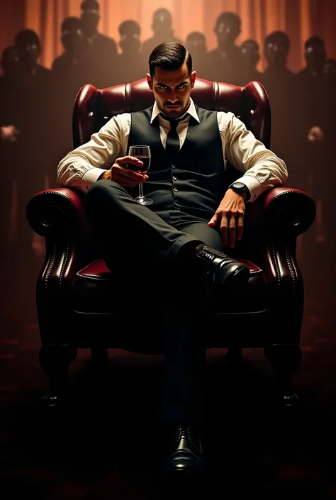 Image caption A man sitting on a chair holding a glass of wine, out in a mafia line in a black leather vest 

