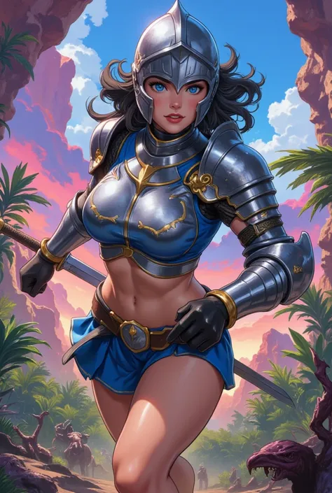  illustrate a close up of a Female warrior. She wears a steel knights helmet with a graceful design that covers her entire head, covers  her eyes and nose but leaves her mouth and jaw exposed, showing her delicate red lips. The helmet covers her eyes with ...