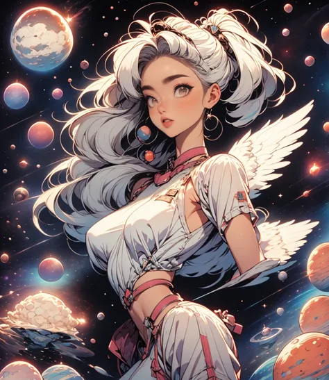 1 female, angel girl, flying in the sky,  white  hair,años 90, retro. Background: sky, stars, space