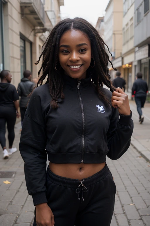 African black woman, very dark ebony skin, smile, dreadlocks chignon, Fitness musclular body, blue tracksuit , close-up portrait, from face, street Block 