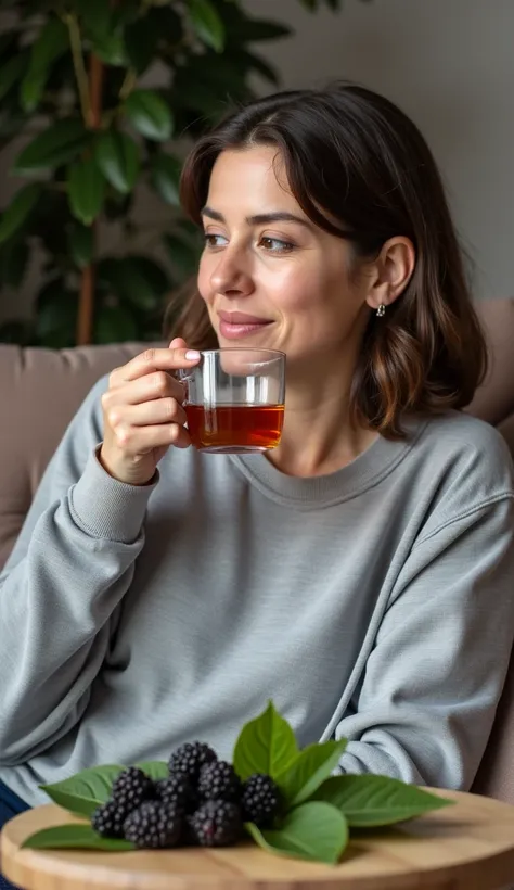 A 35-year-old woman, Wearing a sweatshirt ,  sitting on the living room sofa , Sipping blackberry leaf tea,  The expression is serene, Of tranquility and happiness. On the table next to the sofa is a bunch of blackberry leaves.