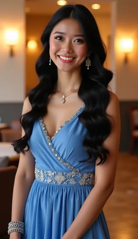 "A beautiful 18-year-old girl with a graceful appearance is attending a family party. She is dressed in an elegant blue western dress  adorned with subtle embroidery. Her matching dress matching sandals complement her outfit perfectly. She wears simple yet...