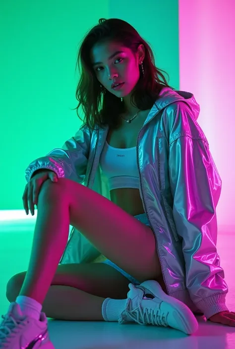 Trendy editorial shot of a young female high fashion model in a room with neon lighting. She poses while sitting. Metallic windbreaker, shorts, hi-tech sneakers with shiny accents. Green and blue tones. High quality photo. High contrast studio lighting --a...