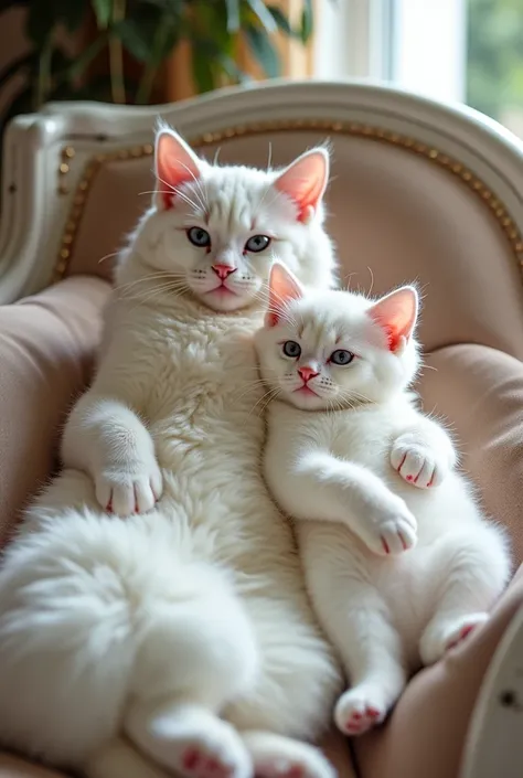 Create a picture  
A white male cat and his elegant female companion, both dressed in luxurious designer outfits, lounging in their lavish mansion. Their adorable white kitten, wearing a tiny matching outfit, plays nearby. The family is deeply in love, sha...