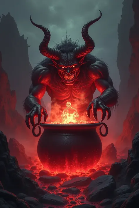 raise hell, a demon holding a soul inside a boiling cauldron, Does the place have a red light, Dark sky and several rocks 