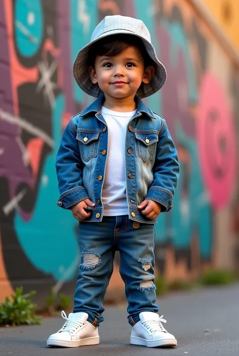 "A trendy toddler boy in a denim jacket, white sneakers, and a bucket hat, standing in front of a graffiti wall, exuding a cool street-style look."