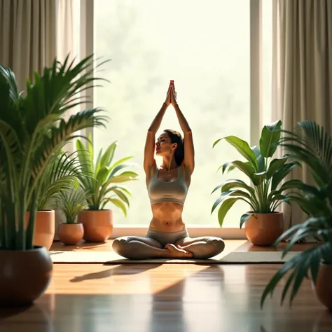 "Stretching routine :  person doing yoga in a room with plants and natural light,  transmitting peace and balance ."