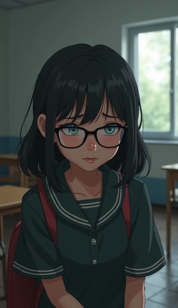  1 girl, at school, upset  ,  ,  with glasses , shy . Sit at the desk at the end of class 
