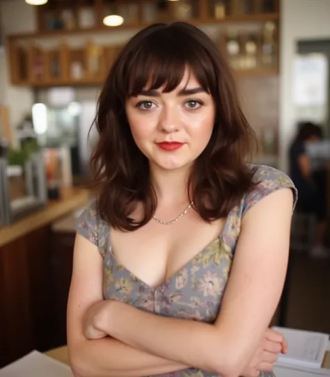 The image is a high-resolution photograph featuring a young woman with a petite, Her expression is neutral, dark red lipstick. wavy brown hair that falls just above her shoulders with bangs that frame her face. Wearing a dress standing in a cafe