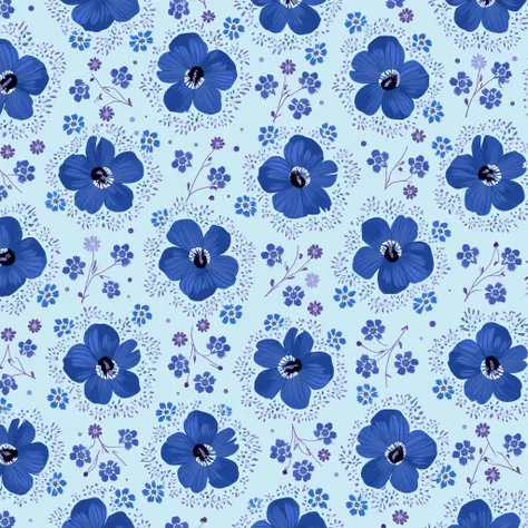 A very detailed floral pattern of many small flowers together with bright, intense and pure colors. The pattern is of many small flowers in deep blue color and light sky blue background. The main flowers are deep dark blue with pure black details and cente...