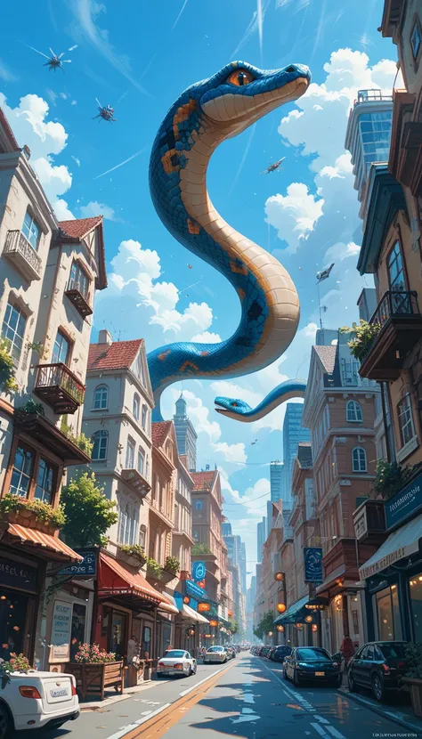 from ground view to skies, the blue sky in a city , portal cracked open in sky as as snake like belovenent long cosmic reptile intelligent flying creatures ascending on land