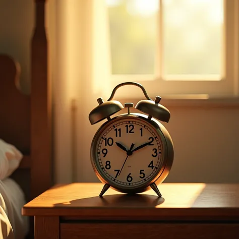 "Vintage alarm clock on a bedside table ,  with soft sunrise light and a quiet environment."