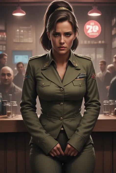 (photorealism:1.2), (pp clothes), photo, woman, athletic body, detailed pretty face, detailed eyes, crying, red faced, looking embarrassed, masterpiece, military uniform, military pants, standing, bar, peeing herself, peeing her military pants, both hands ...