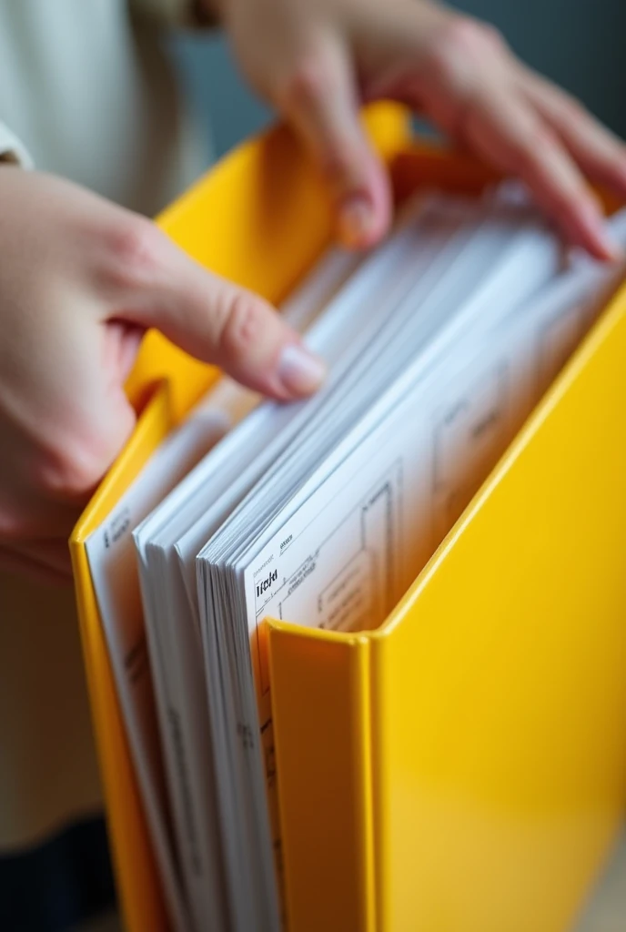 highlighting how the company Proiectus Cons SRL makes it easy to obtain and organize documents and procedures up to date before building , Highlighting the closed yellow folder full of papers inside, as the basis for the family of mother and daughter and s...