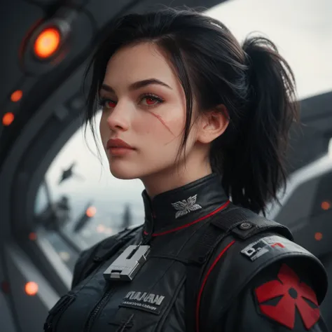 Black-haired girl with a white lock.  red eye . a scar on the right eye. Wearing black military clothing. Spaceship scenario 