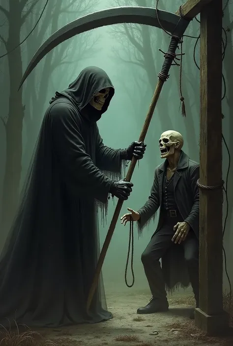 Death cutting off a hanged hangman with a scythe 