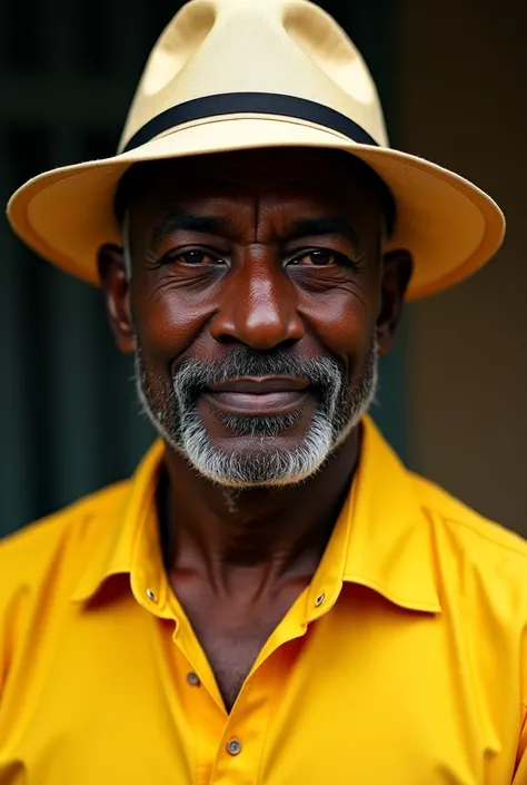 black skin man, half old, fuller face,with small Panama hat,  with yellow dress shirt