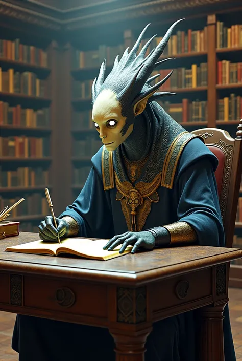 Create the image of a creature that can go by the name Noon-and-Midnight sitting in a univeristy library writing a book.