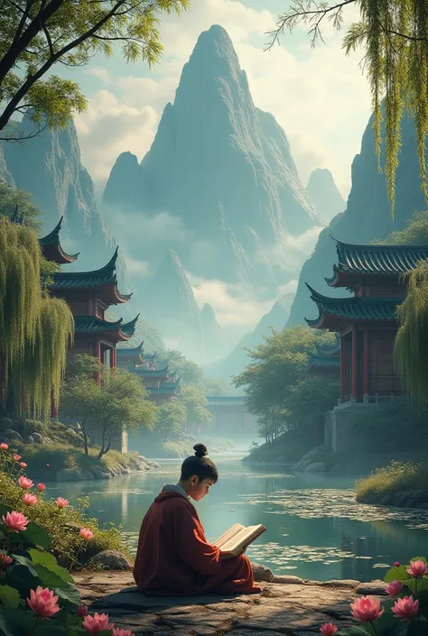 a symmetrical composition, a little student studying in the foreground, emperor fu xi behind, mount tai, lotus, willow, ancient buildings, interspersed with spring water, hyperrealistic, 8k, masterpiece, vivid colors, dramatic lighting, photorealistic, int...