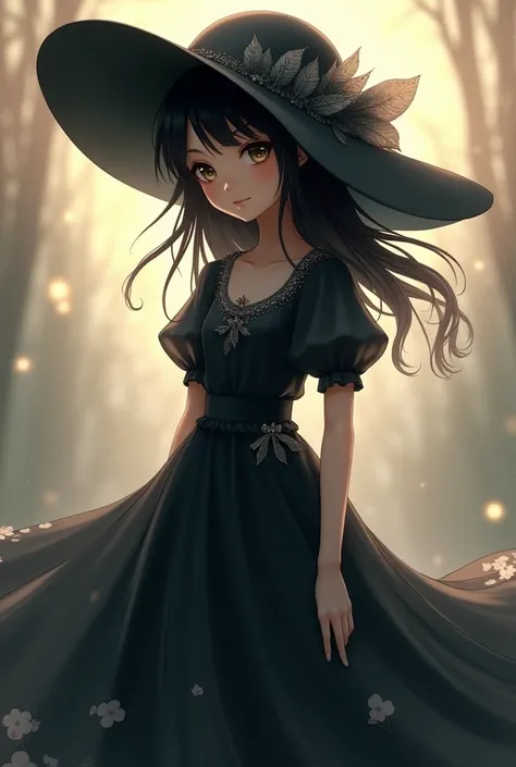 Animation girl with big hat and black dress