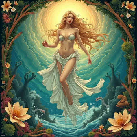  illustration of birth of  venus, art nouveau, epic