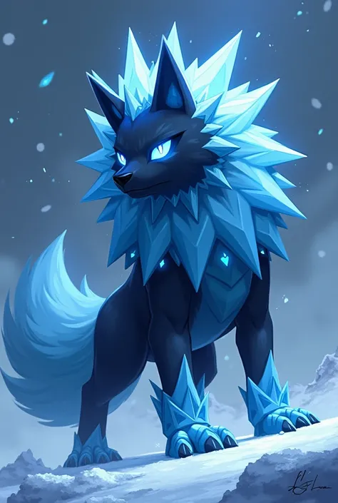 Créez une illustration épique d’un Pokémon loup nommé Fenglacier. Ce loup gigantesque, inspiré par Fenrir, possède un pelage noir givré parsemé de motifs runiques bleus lumineux. Ses yeux brillent d’un bleu glacé intense et ses crocs et griffes semblent êt...