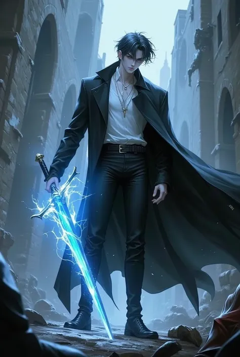 This image features a male character with a strong, stylized look. He has messy black hair, pale skin, and an intense gaze, although his eyes are partially hidden by the shadow of his head. He wears a long, black medieval overcoat that flutters in the wind...