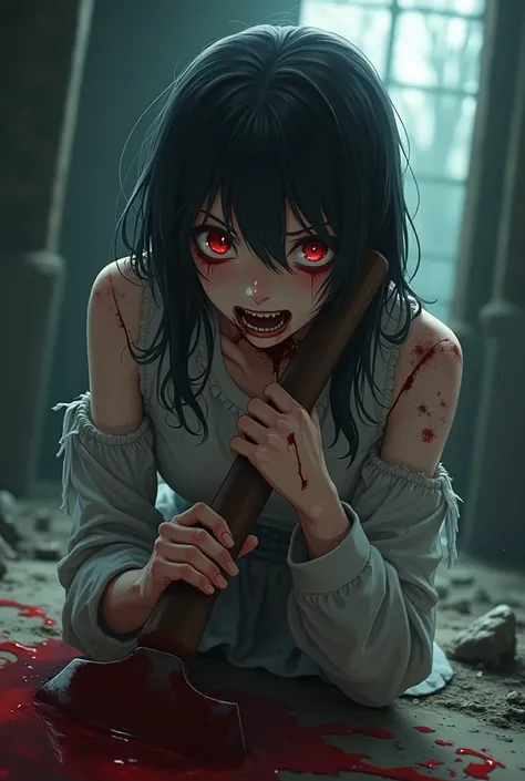 Generate anime girl Yandere in torn clothes with an axe in her hands and in blood 