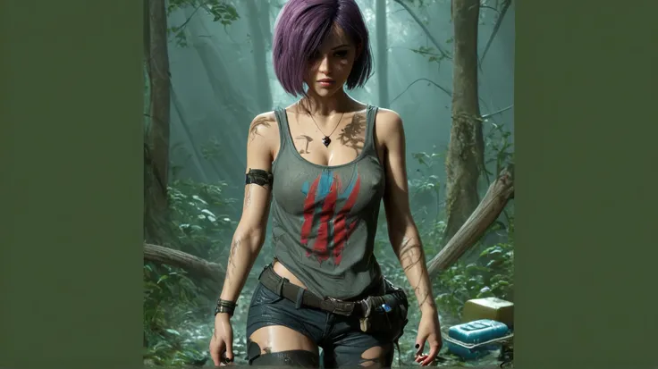 We create a high-resolution image in the size of a thumbnail similar to the attached image while making the 3D drawing realistic. The girl has the same clothes as the image and her hair color is purple and the place around her is a forest from an infected ...