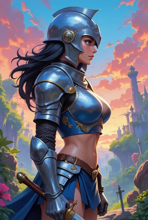  illustrate a close up of a Female warrior. She wears a steel knights helmet with a graceful design that covers her entire head, covers  her eyes and nose but leaves her mouth and jaw exposed, showing her delicate red lips. The helmet covers her eyes with ...