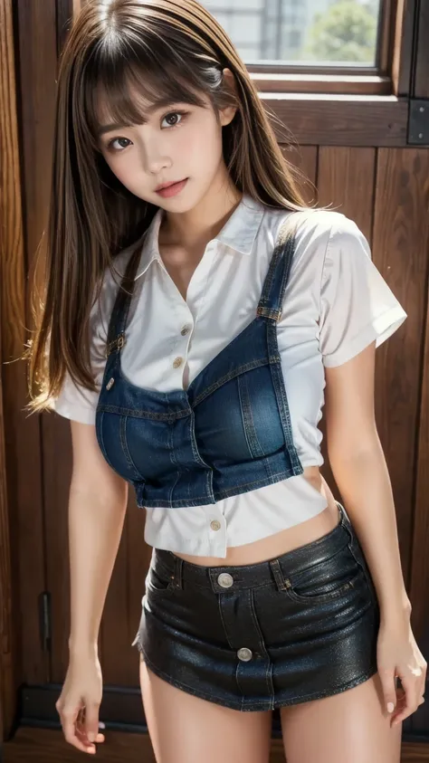 Product quality, in the seat,cowboy shot, front view, beautiful young Japanese woman ,((Focus on thighs:1.5)),( A Simple White Blouse :1.5),((Super Short Black Denim Mini Skirt:1.5)),  super cute face  ,baby face, glossy lips, big eyes,((Obvious double eye...