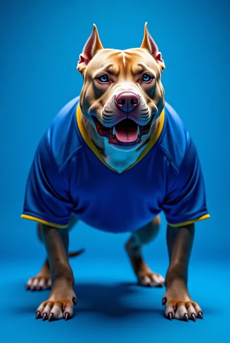  Angry Pitbull standing with blue team jersey,  With an angry face angry, blue background