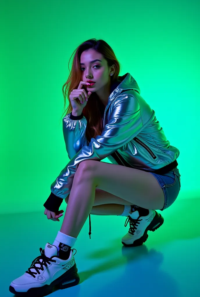 Trendy editorial shot of an American female high fashion model in a room with neon lighting. She poses while sitting. Metallic windbreaker, shorts, hi-tech sneakers with shiny accents. Green and blue tones. High quality photo. High contrast studio lighting...