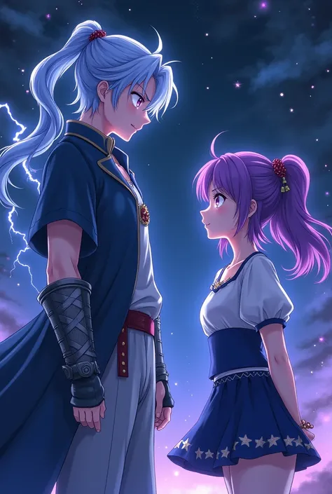 The purple-eyed anime man has long hair tied in a blue-white ponytail, wearing a gray tights, wearing a long blue short-sleeved frock. He has crazy lightning magic, he is the guardian of the stars, and then stands up against the purple-haired girl with spa...