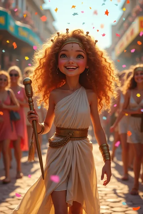 I need an image with a super happy curled hair girl dressed like Zeus. She is to a carnival and around her there are people and confetti. In the middle I want her big smile 