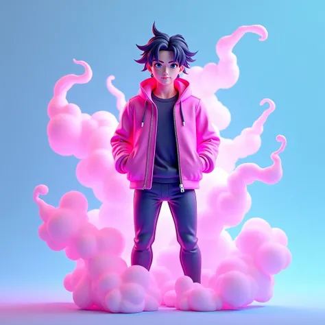 Create a 3D illustration of a man wearing a pink jacket with glowing color, smoke artistically forming a frame edit Photoshop Computer named, blue background, anime style 