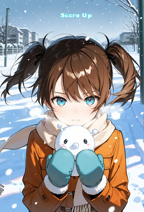  Masterpiece, Great Quality, top quality, Super detail,8k, illustration ,  Great Quality,  latest,   is ridiculous,  and stare at the viewer, 
  Misaki Ake's ,  brown hair,  blue eyes,  twin tails, scarf, Winter clothes, snow, nose , snowing, ,  is shaking...