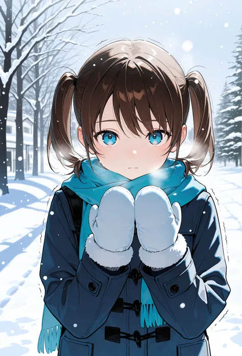  Masterpiece, Great Quality, top quality, Super detail,8k, illustration ,  Great Quality,  latest,   is ridiculous,  and stare at the viewer, 
  Misaki Ake's ,  brown hair,  blue eyes,  twin tails, scarf, Winter clothes, snow, nose , snowing, ,  is shaking...