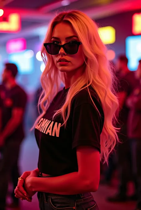  make an image of a 25-year-old young woman ,( rose ) , Has white skin,  big blond hair and long in the wind Her eyes are natural ,  straight eyebrow ,  red lips, wearing a shirt written by StarMan at a club with dark glasses standing with luxurious high-h...