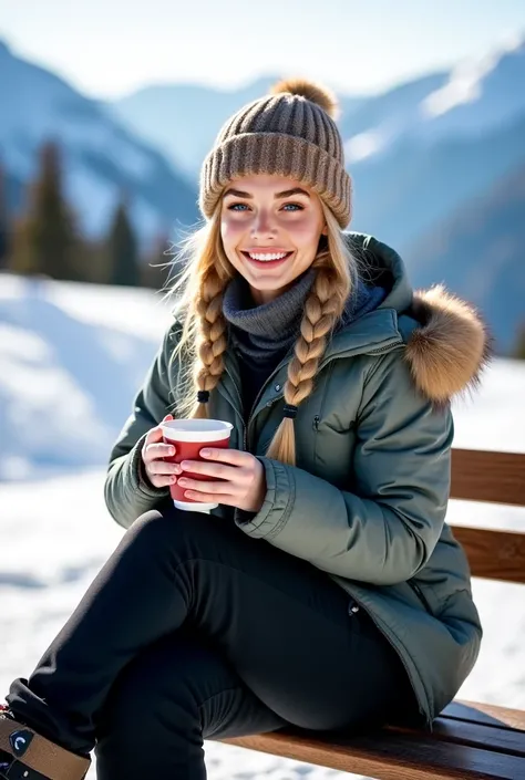 young woman, blonde hair braided in two ponytails, beautiful smile, makeup, slim figure, wearing black winter pants, snowboard boots, furry winter hat, sitting in the mountains at a bench and drinking tea