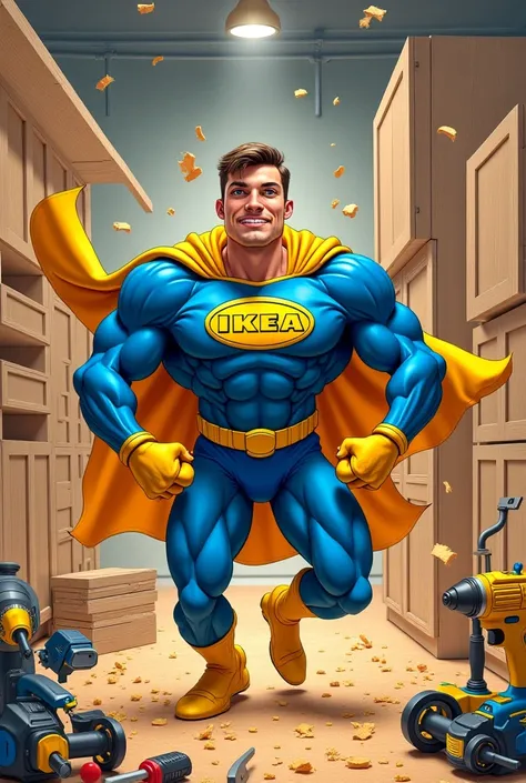 IKEA superhero who is a carpenter and is very fast and builds kitchens and is Andalusian