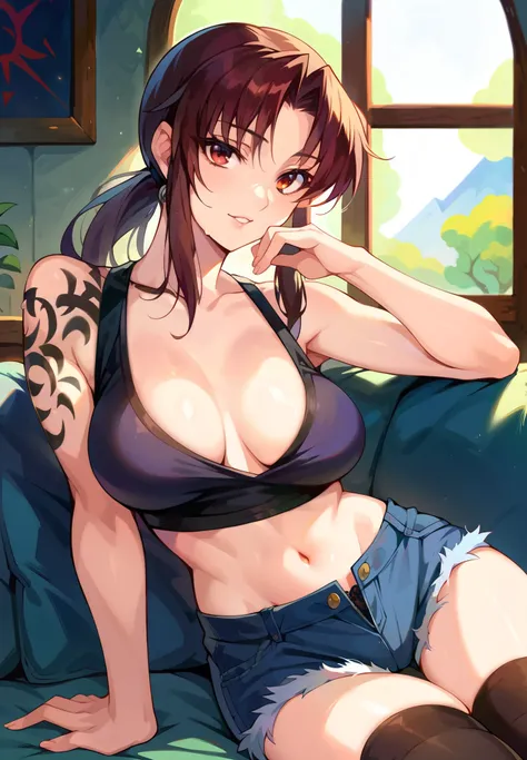 1girl, Revy, Black Lagoon, sitting on a couch, crop top, arm tattoo, silk shorts, thigh highs, naturally sagging breasts, sexy pose, lustful, BREAK, night time, mountain cottage, cinematic lighting,