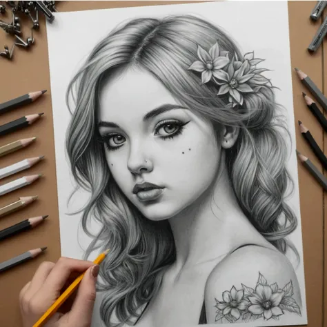 Young Emo Woman’s face drawn in pencil - black and white, pin-up style, 3/4 view