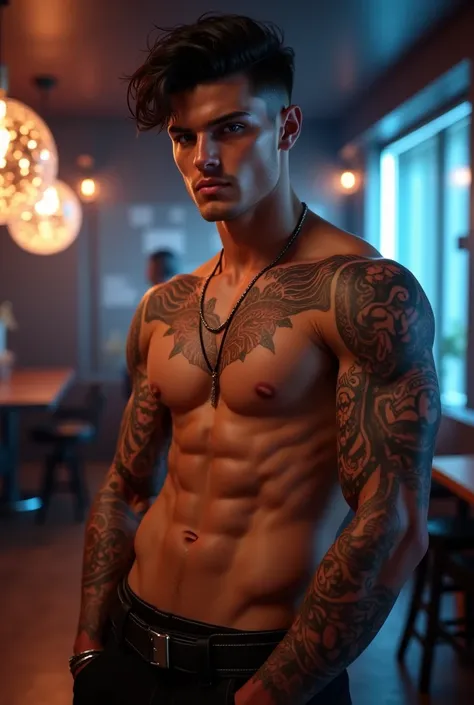  22-year-old boy with medium-short black hair and blue eyes muscular physique, Tattooed and playboy  