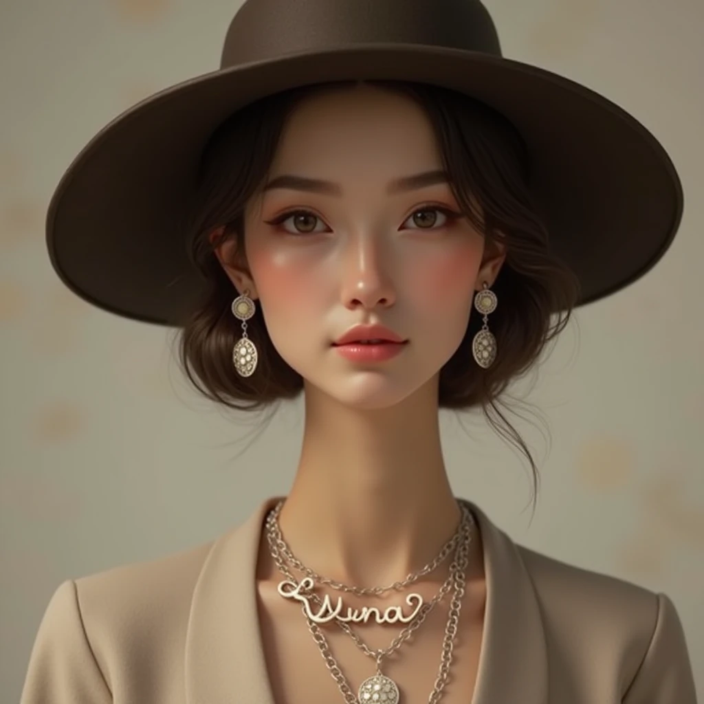 Woman wearing a hat with earrings and a necklace with Yuna written on it 