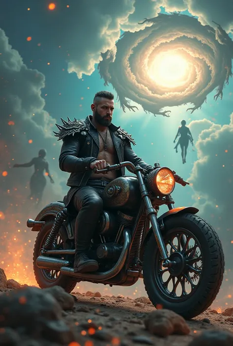 Gorthic-themed handsome muscular tattoed short hair biker viking in the black unfastened leather Jacket seated on an elaborate bike, made from bones and cogs detailed with ornamental Souls, cosmic phenomena backdrop, vibrant, swirling energies and vortexes...